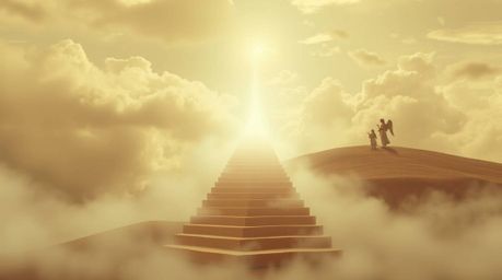 Experience a dreamlike, surreal landscape rendered in peaceful earth tones.  Steps of light ascend into a cloudy sky, watched
