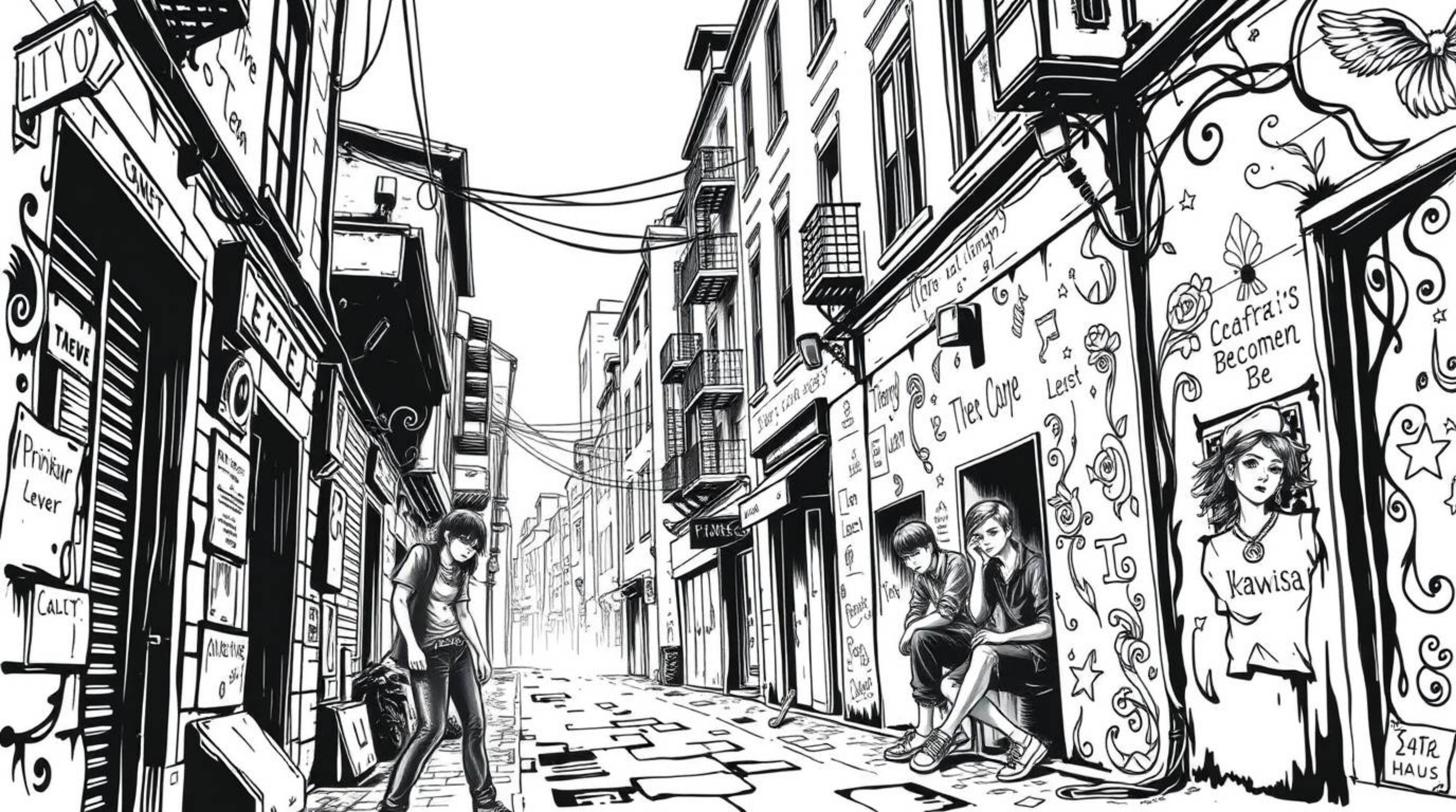 This captivating art print depicts a grungy city alley scene with rebellious teens, rendered in a symbolic traditional tattoo