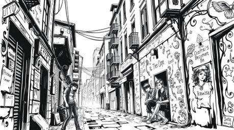 This captivating art print depicts a grungy city alley scene with rebellious teens, rendered in a symbolic traditional tattoo