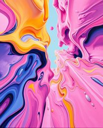 A bold acrylic painting showcases abstract 3D liquid forms in pastel colors, dramatically presented from a low angle perspect