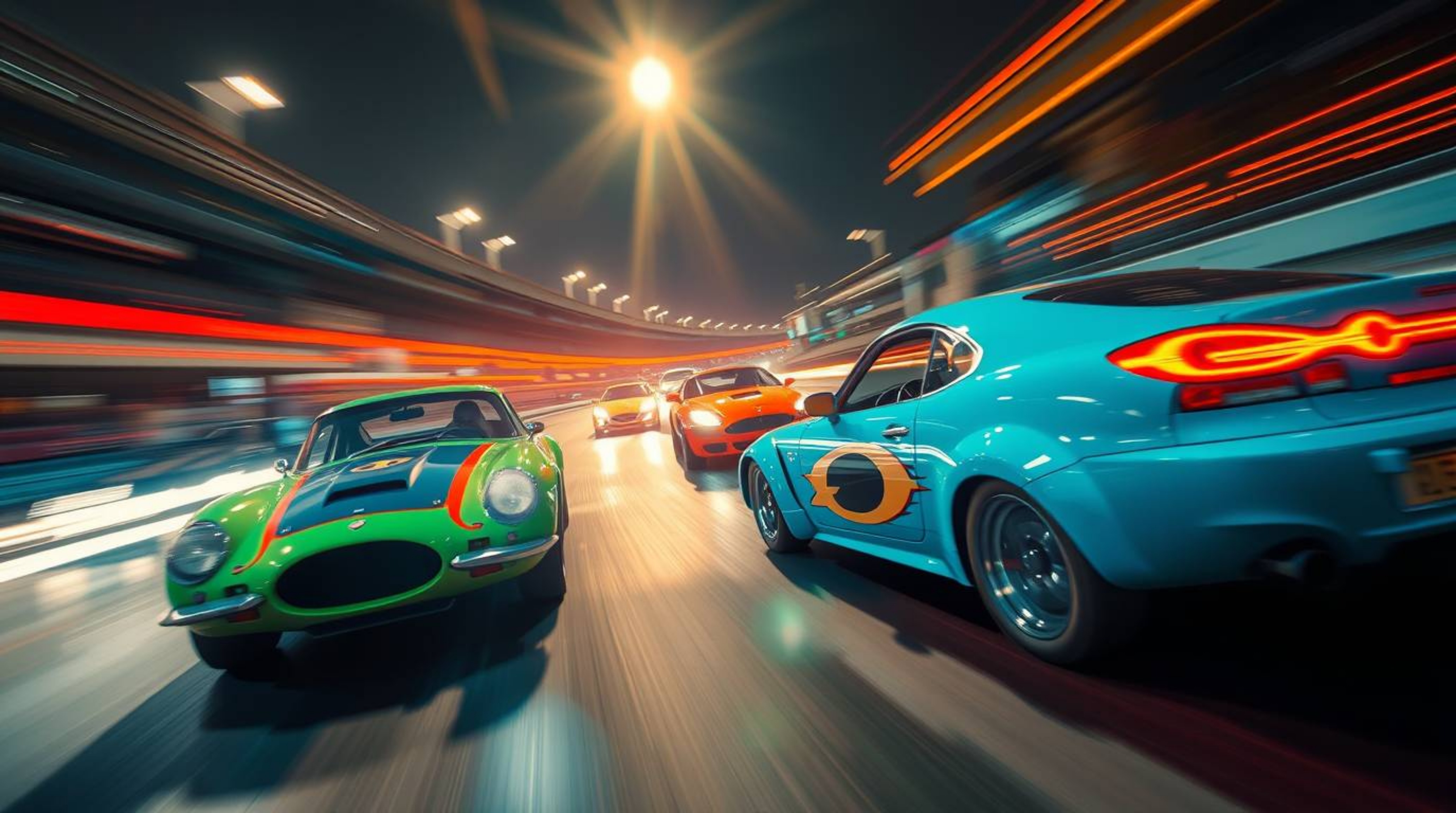 Experience the thrill of a wacky racing scene captured with a long exposure.  This photograph showcases outlandish cars, dyna