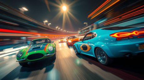 Experience the thrill of a wacky racing scene captured with a long exposure.  This photograph showcases outlandish cars, dyna