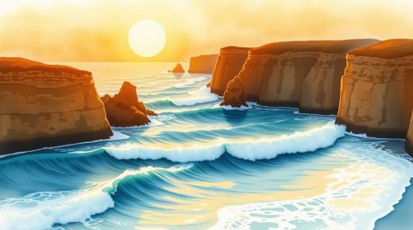 A captivating watercolor painting depicts waves crashing dramatically against rugged cliffs at sunset. Warm autumnal hues and