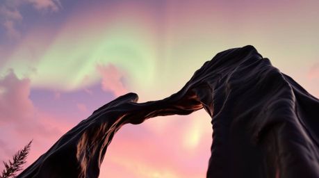 A captivating bronze sculpture showcases the ethereal beauty of the Northern Lights emerging over a vibrant sunset sky.  Craf