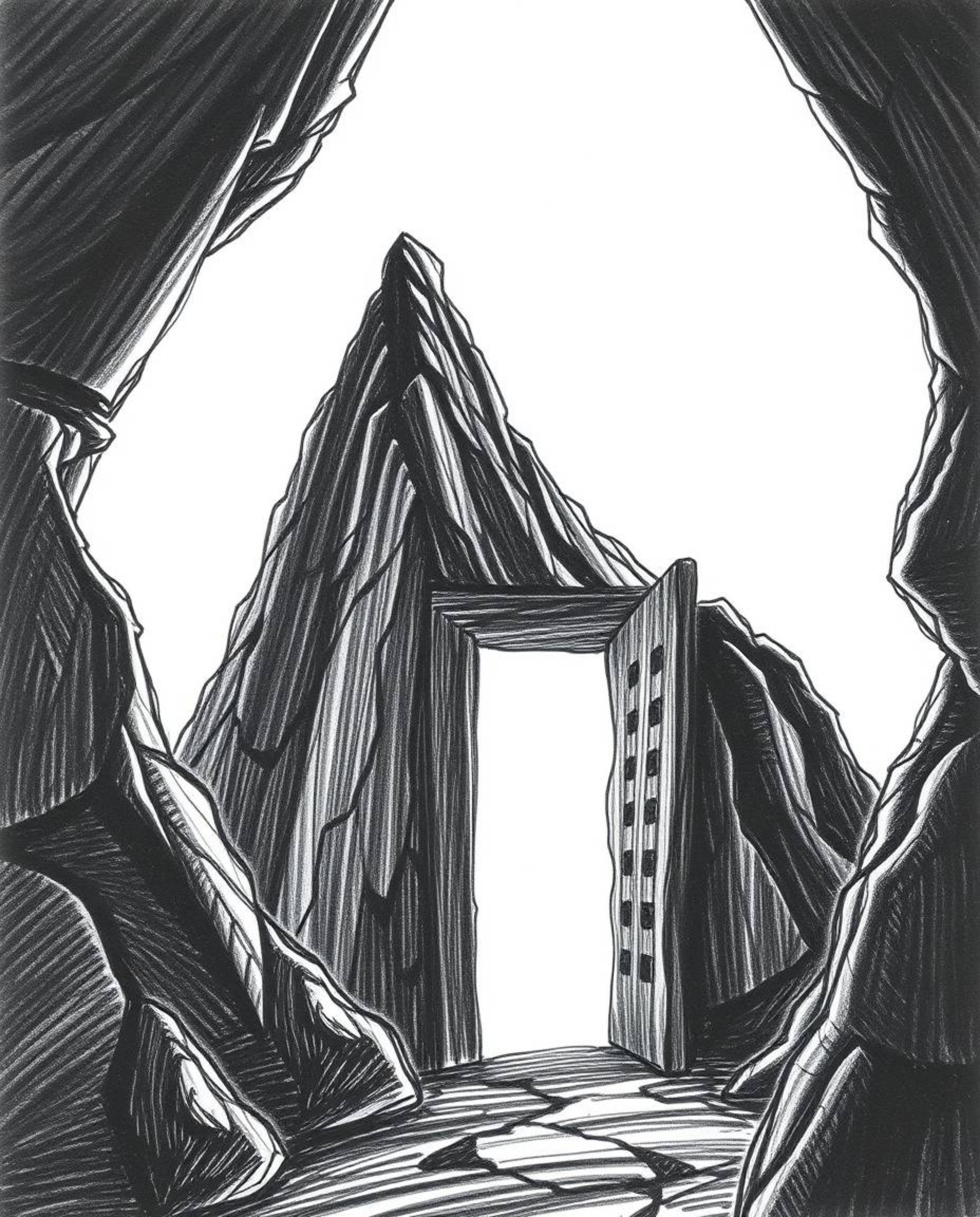 Explore a series of hand-drawn sketches featuring an ancient doorway glowing with runes embedded in a mountainside. These jet