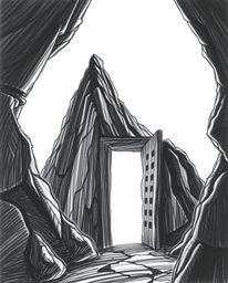 Explore a series of hand-drawn sketches featuring an ancient doorway glowing with runes embedded in a mountainside. These jet