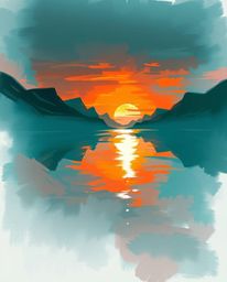 A digital sketch in an unfinished, concept-art style depicts a sunset reflected in a glassy fjord. The piece is characterized