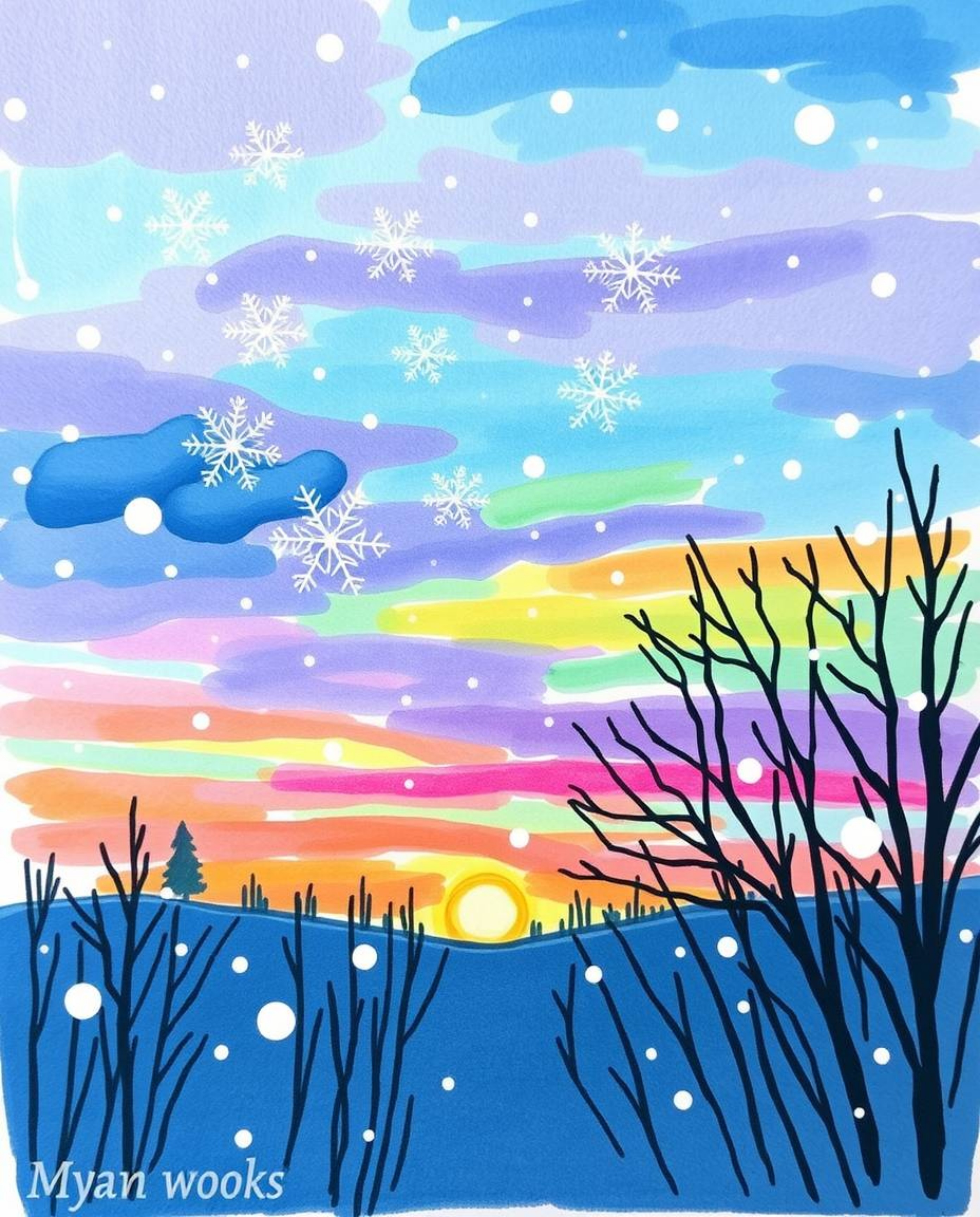 This is a cool-toned, hand-drawn sketch in a lively Color sketchnote style, capturing the magical moment of snowflakes fallin