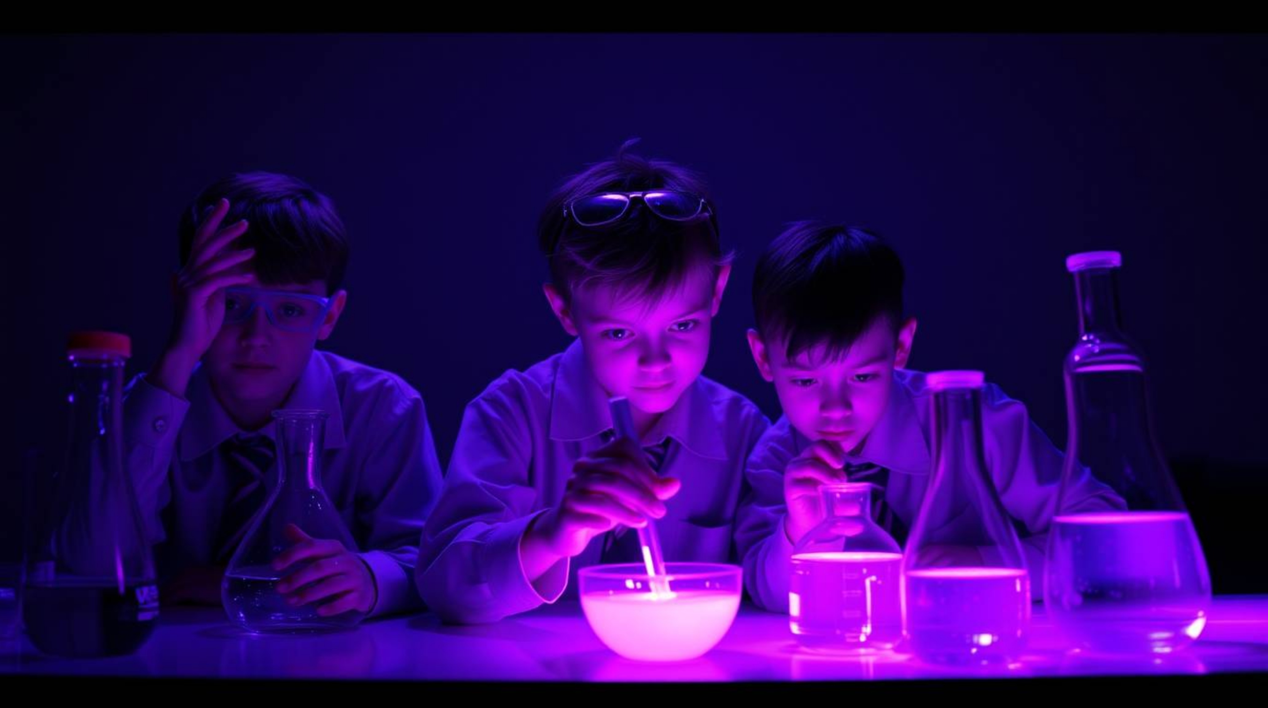 Explore the captivating world of quirky children in school uniforms as they conduct experiments bathed in deep ultraviolet hu