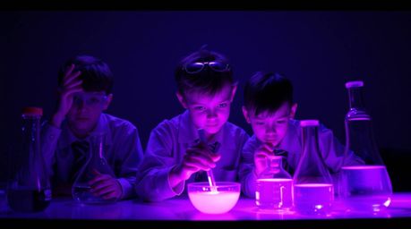 Explore the captivating world of quirky children in school uniforms as they conduct experiments bathed in deep ultraviolet hu