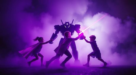 Witness an epic battle between three superpowered children and a formidable robot! This vibrant artwork features deep ultravi
