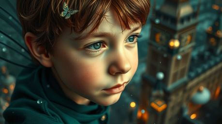 A surreal close-up captures a young boy with fair skin and brown hair soaring above London, propelled by magical pixie dust.