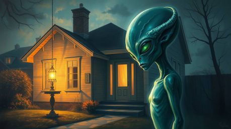 Discover a captivating oil painting depicting an ethereal alien with glowing skin residing in a surprisingly ordinary suburba