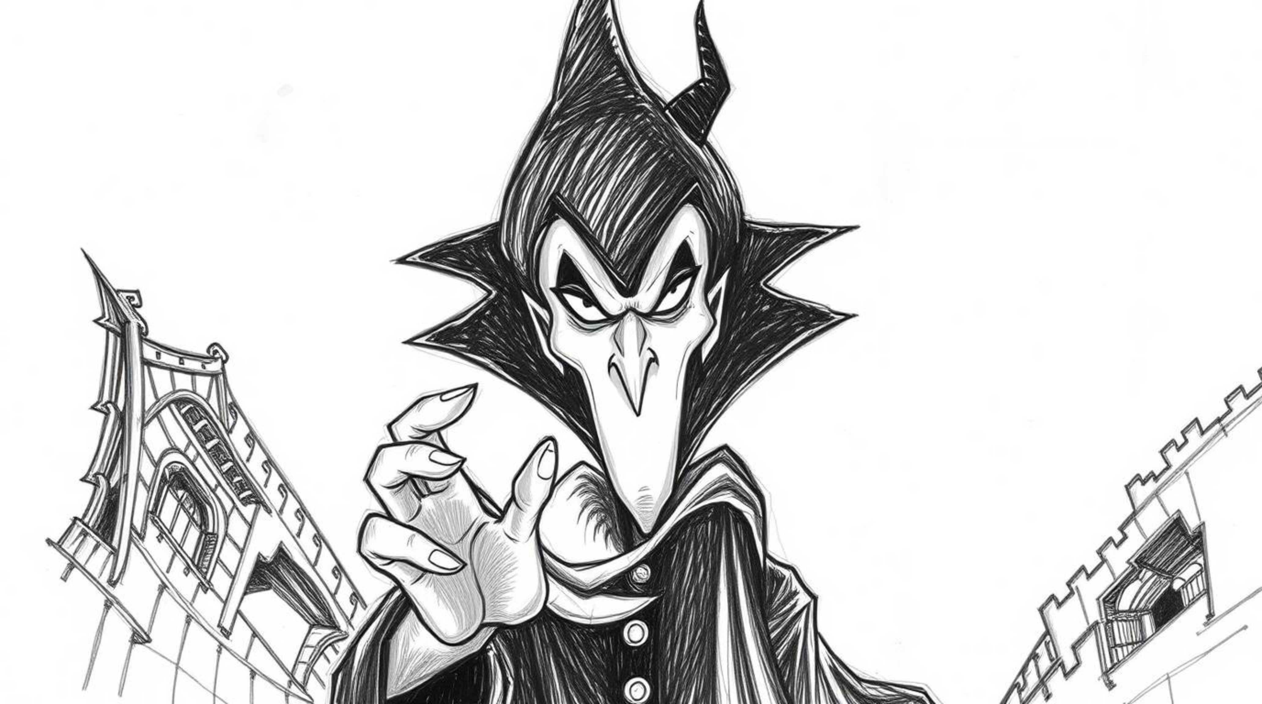A captivating hand-drawn sketch depicts a classic Disney villain casting a spell within a crumbling castle.  The overhead, bi