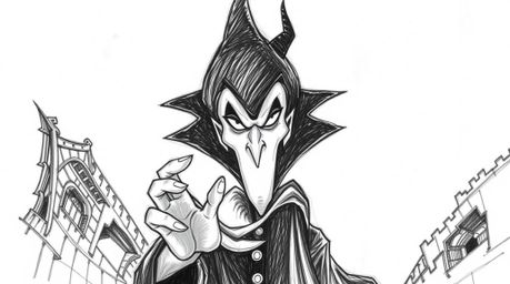 A captivating hand-drawn sketch depicts a classic Disney villain casting a spell within a crumbling castle.  The overhead, bi