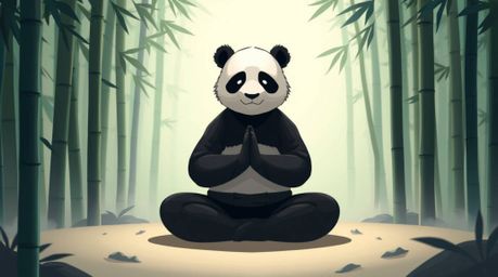 An illustration featuring a panda martial artist in serene meditation within a bamboo forest. The artwork showcases a smooth 