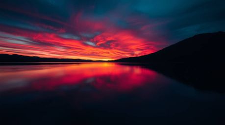 A captivating image showcasing a serene lake mirroring a vivid sunset sky, rendered in rich, deep teal hues. The high contras