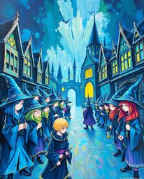 This bold acrylic painting depicts a magical school teeming with young wizards, rendered in a cool and vibrant color palette 