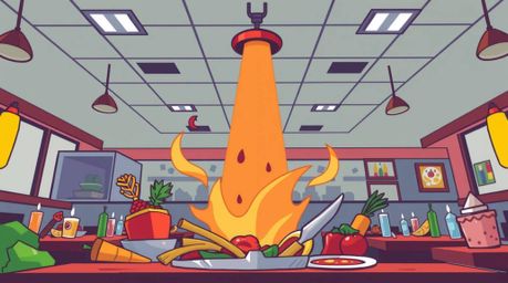 A chaotic and visually striking scene unfolds: a wild food fight erupts in a cartoon cafeteria.  The composition utilizes a l