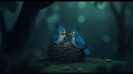 A charming, stylized illustration showcases two cartoon birds diligently constructing their nest.  Rendered in a classic anim