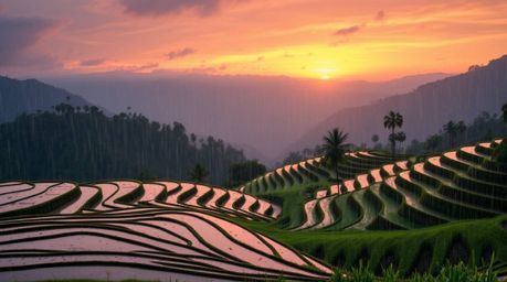Experience the tranquil beauty of a wet, rainy sunset over stunning rice terraces in the mountains. This captivating scene fe