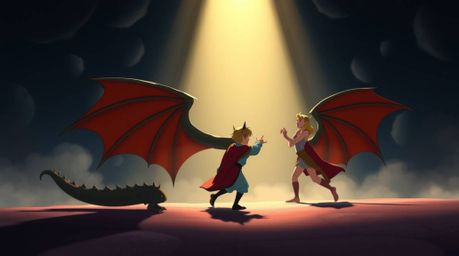 A captivating low-angle shot depicts a charming prince valiantly battling a fearsome dragon, rendered in the delightful style