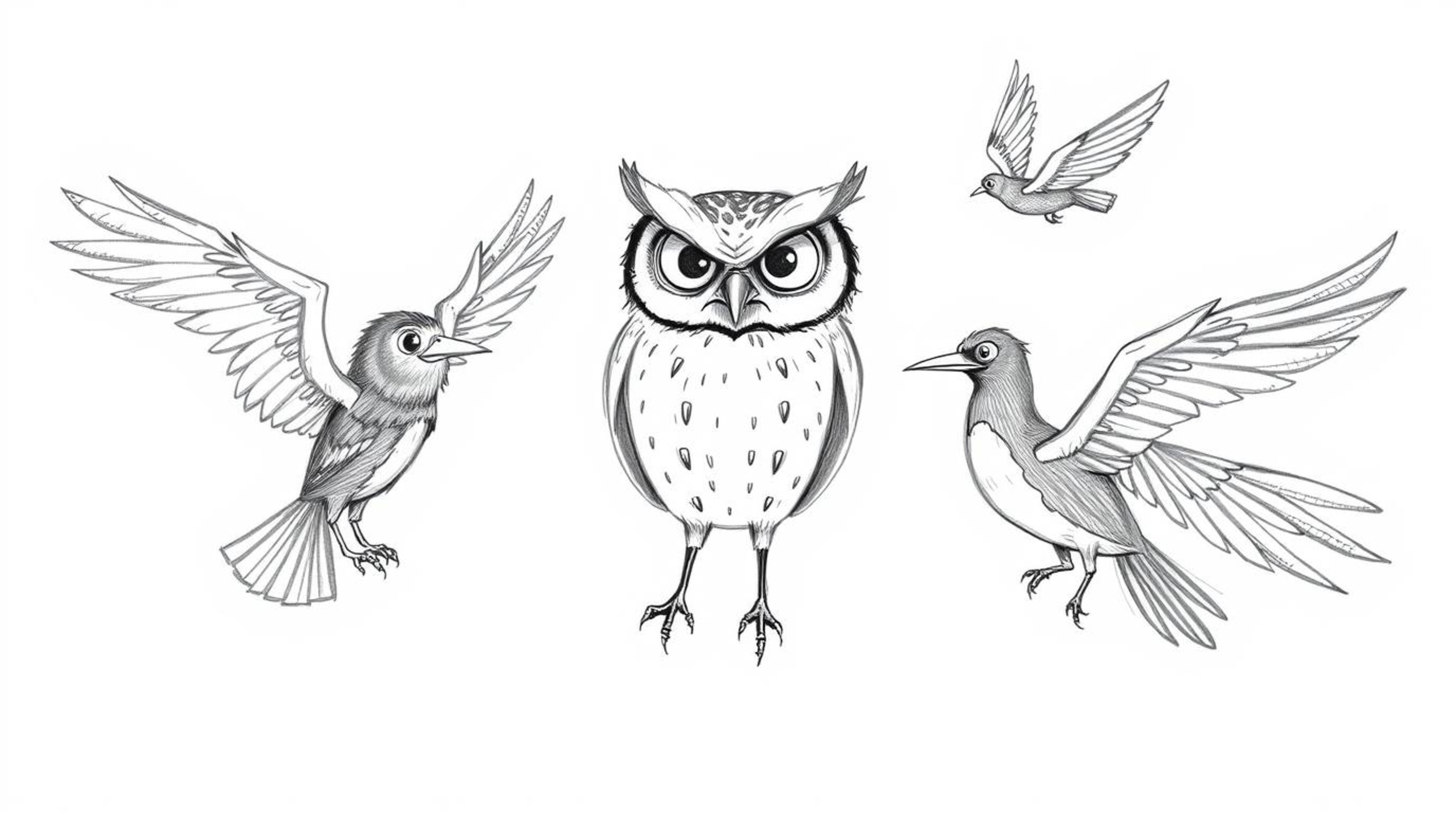 A heartwarming, Pixar-style sketch depicts a blind owl with expressive wrinkles, passionately teaching a diverse group of bir