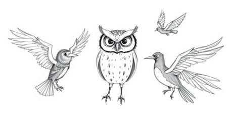 A heartwarming, Pixar-style sketch depicts a blind owl with expressive wrinkles, passionately teaching a diverse group of bir