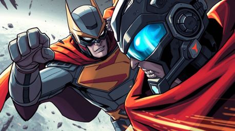 A futuristic sci-fi illustration depicting a close-up and intense battle between a superhero, complete with a flowing cape, a