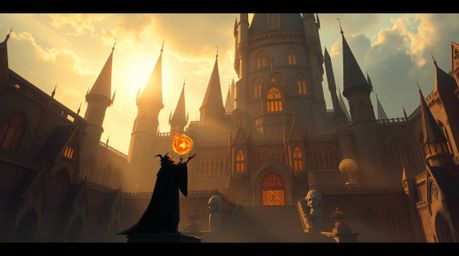 A classic Disney villain casts a spell within a massive, futuristic reimagining of an old castle. Bathed in the warm, invitin