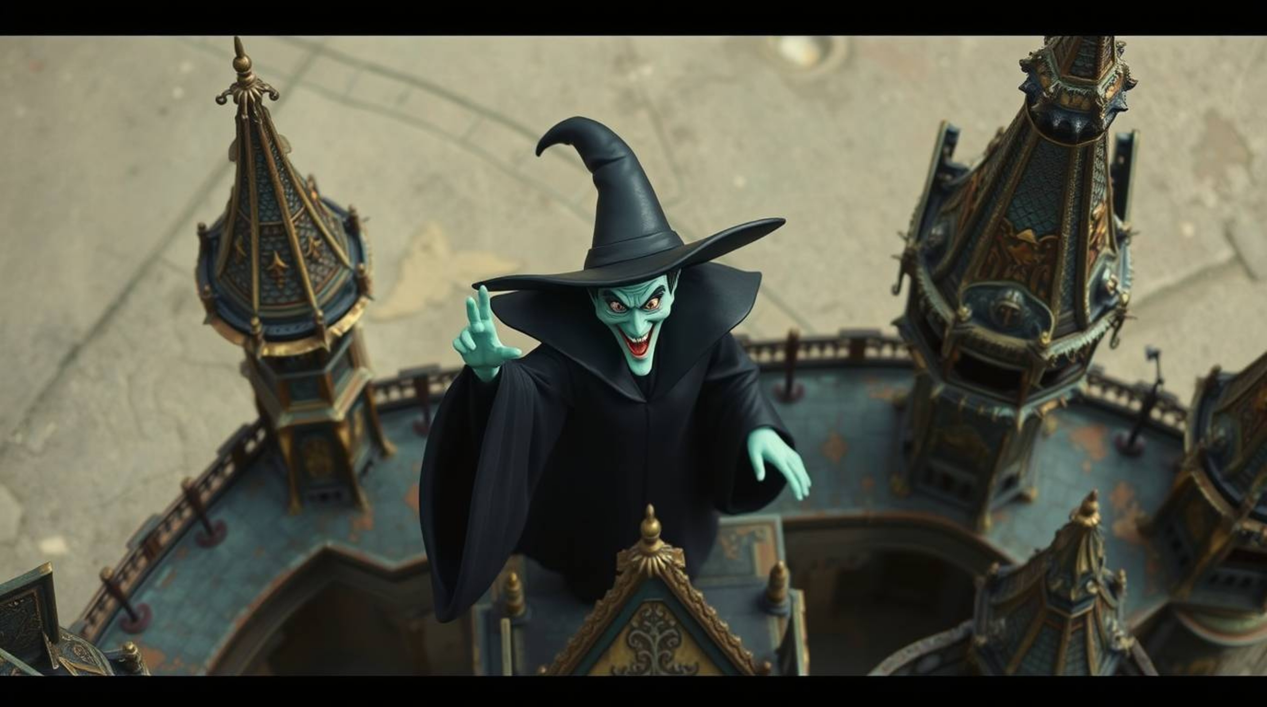 Experience a captivating bird's-eye view of a classic Disney villain casting a spell within an antique bronze castle. The ric