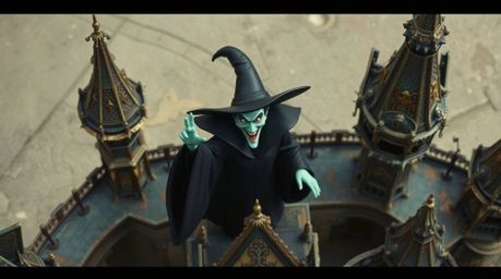 Experience a captivating bird's-eye view of a classic Disney villain casting a spell within an antique bronze castle. The ric