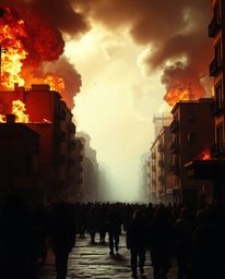 Experience the raw intensity of a city consumed by flames, as people desperately flee for their lives. This cinematic depicti