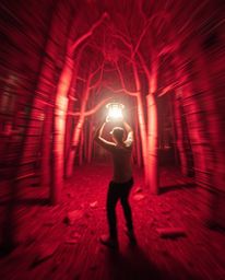 Explore a surreal world bathed in infrared tones, capturing dynamic motion and otherworldly appearances. A glowing lantern il