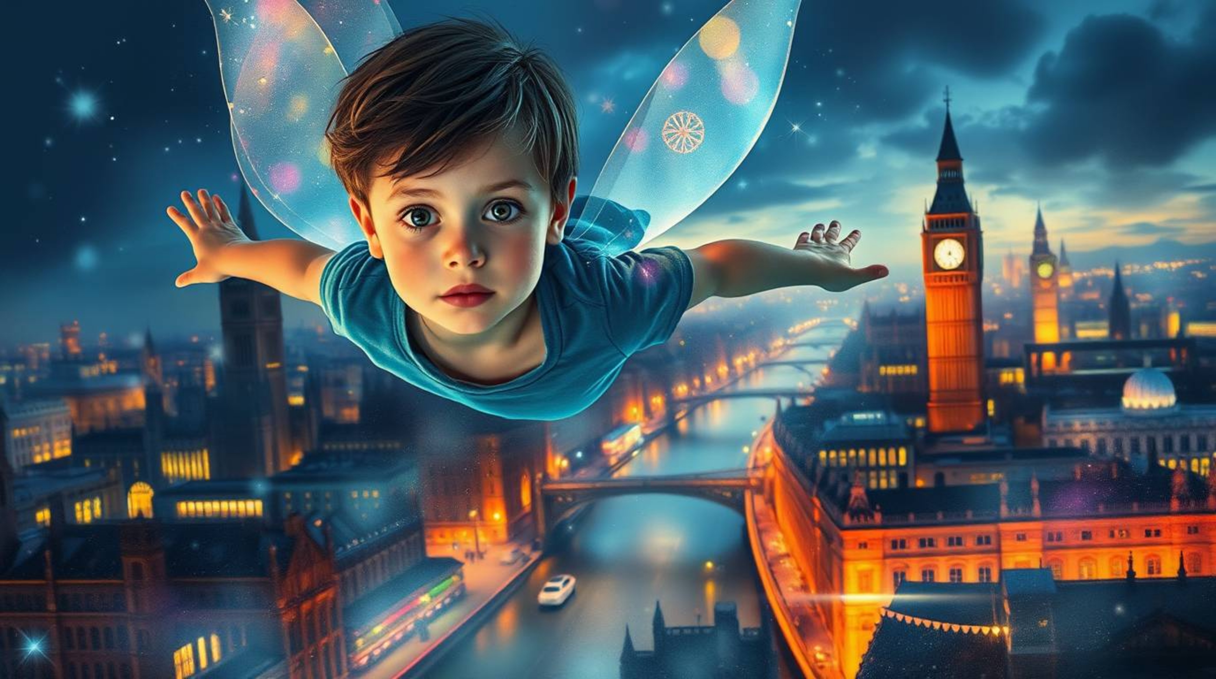 A young boy, rendered with delicate watercolor washes, soars above a breathtaking London cityscape. Bioluminescent pixie dust