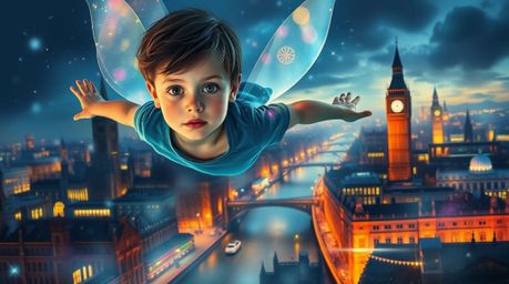 A young boy, rendered with delicate watercolor washes, soars above a breathtaking London cityscape. Bioluminescent pixie dust