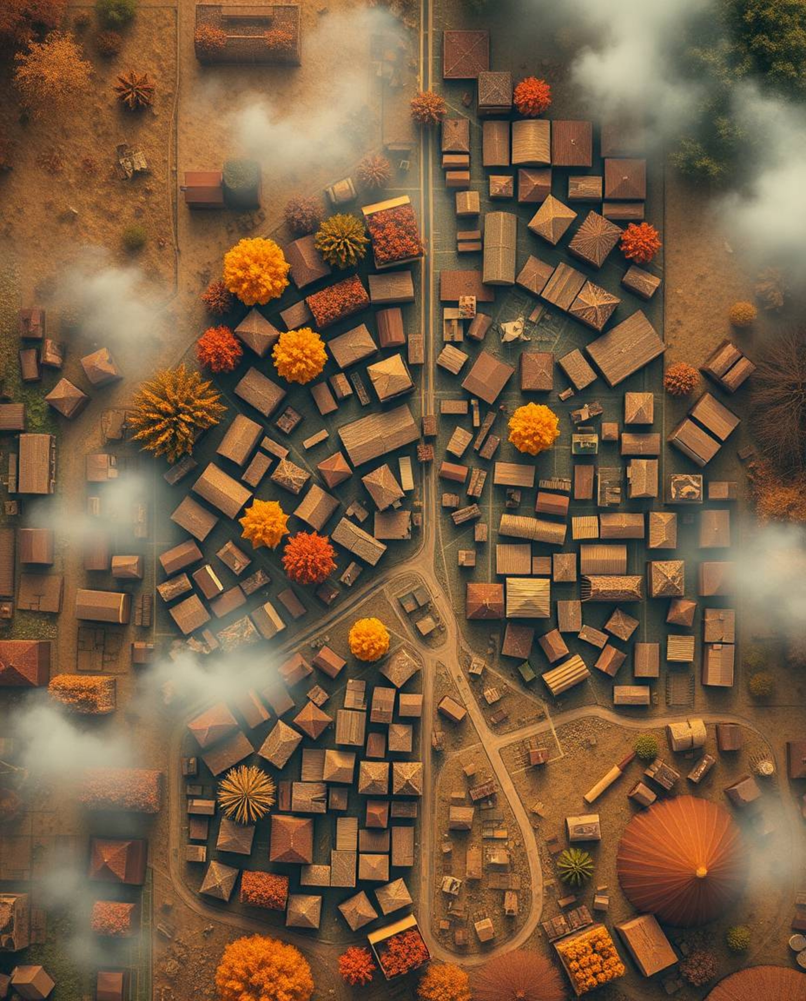 Discover a dreamlike, surreal image of an abstract city map.  This fantastical scene, viewed from above, uses warm autumnal c