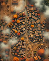 Discover a dreamlike, surreal image of an abstract city map.  This fantastical scene, viewed from above, uses warm autumnal c