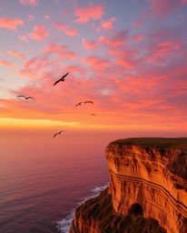 This image captures a warm sunset over a coastal cliff, where soaring birds add a dynamic sense of life to the scene. The sky