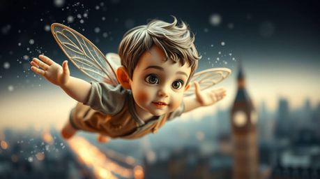 A captivating illustration depicts a young boy with sculpted features, soaring above London with pixie dust.  Rendered in a u