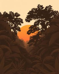 A graceful and elegant illustration in natural earth tones, depicting a sunset viewed through a dense jungle canopy. This art