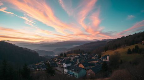 Discover the charm of a cozy village nestled in a picturesque valley.  This breathtaking high-angle view captures the vibrant