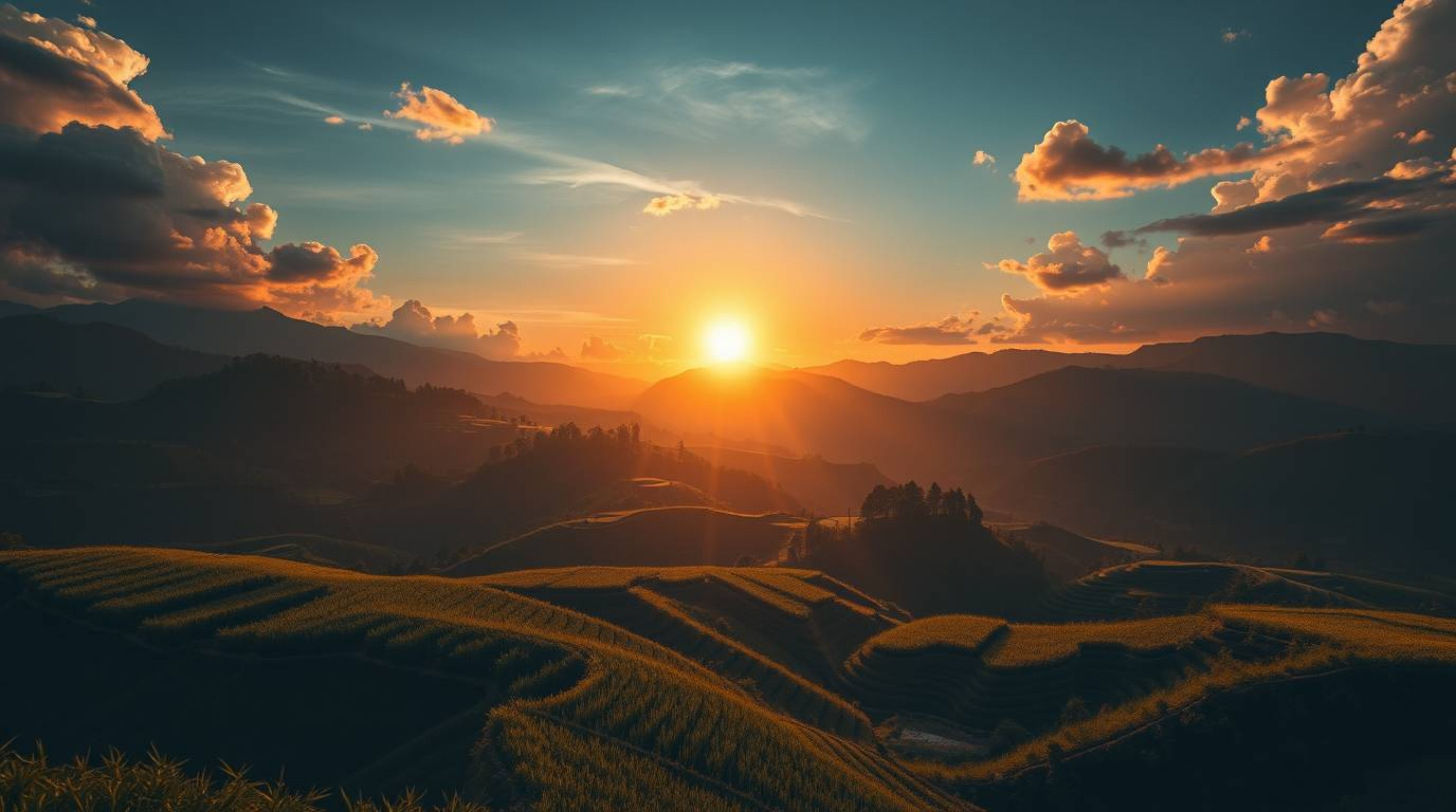 A modern, futuristic interpretation of a grand sunset over rice terraces in the mountains, characterized by strong, hard ligh