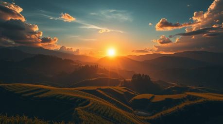 A modern, futuristic interpretation of a grand sunset over rice terraces in the mountains, characterized by strong, hard ligh