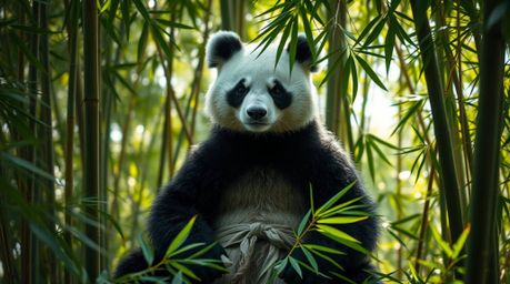 A serene martial artist panda with gentle facial features is captured in a high-angle view, meditating peacefully amidst a de
