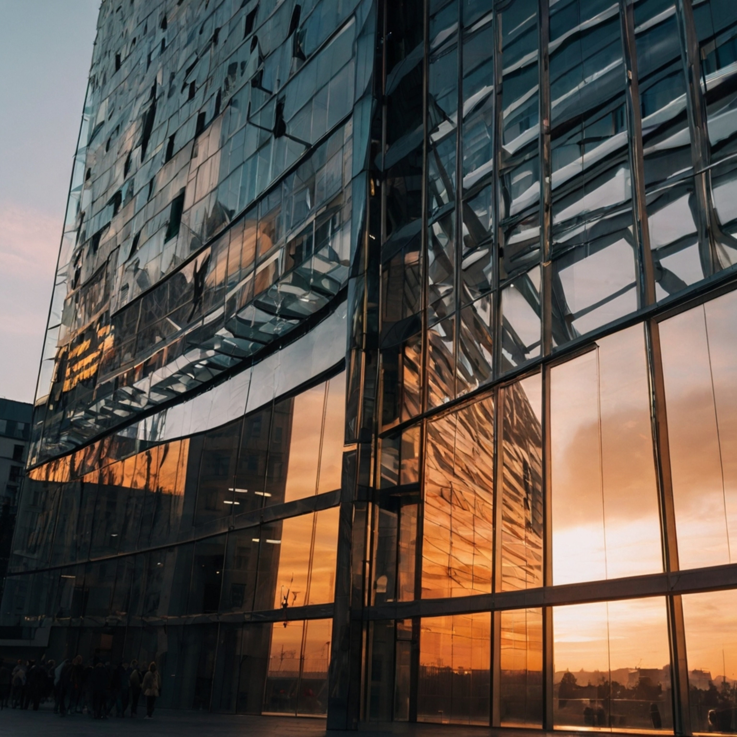 This stunning image showcases a modern glass building boasting a unique angular design. The building's facade beautifully ref
