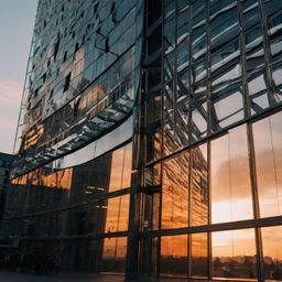 This stunning image showcases a modern glass building boasting a unique angular design. The building's facade beautifully ref