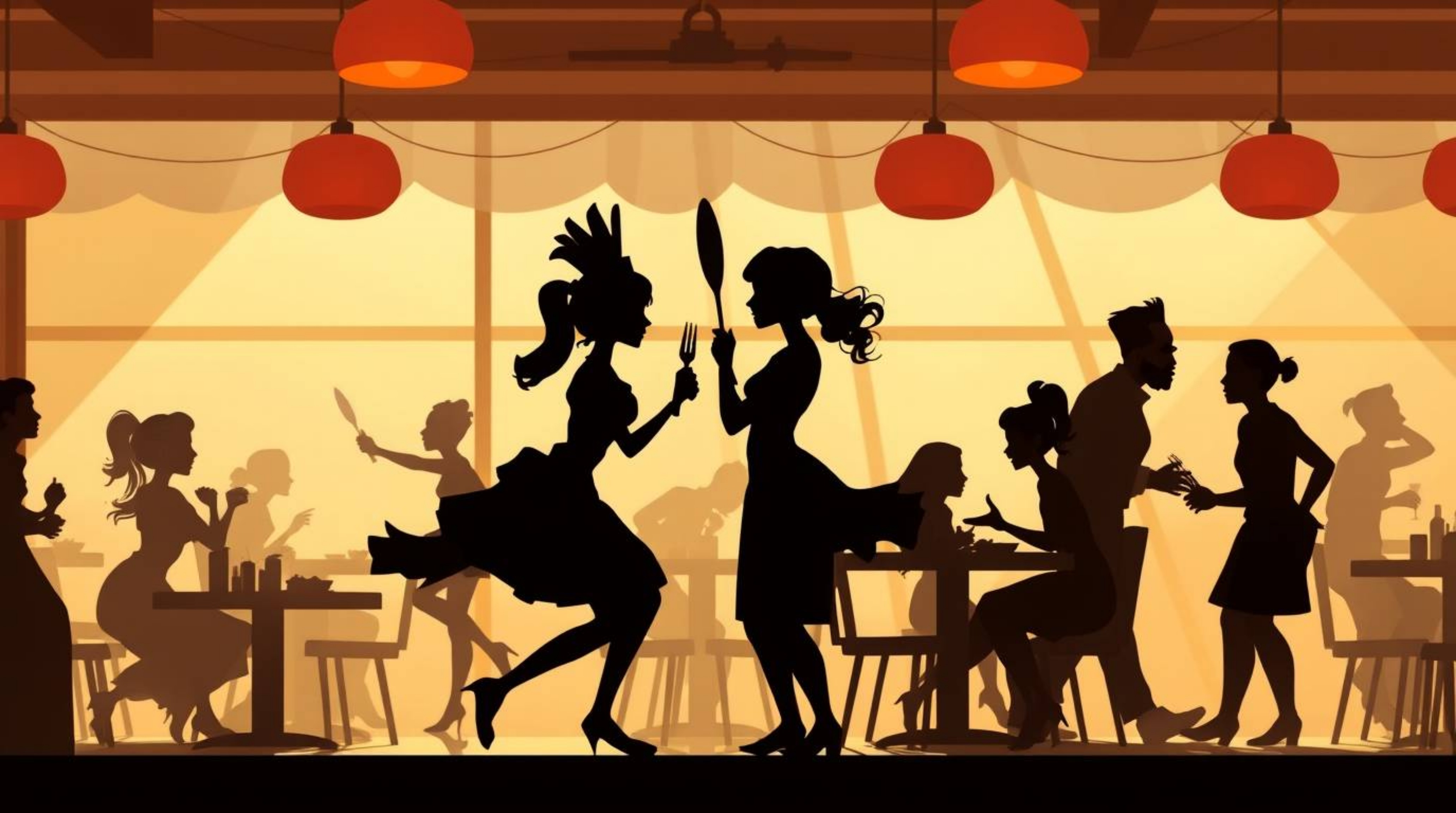 A dynamic and visually stunning animation depicting a chaotic cartoon cafeteria food fight.  Backlighting is used to highligh