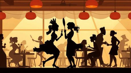 A dynamic and visually stunning animation depicting a chaotic cartoon cafeteria food fight. Backlighting is used to highligh