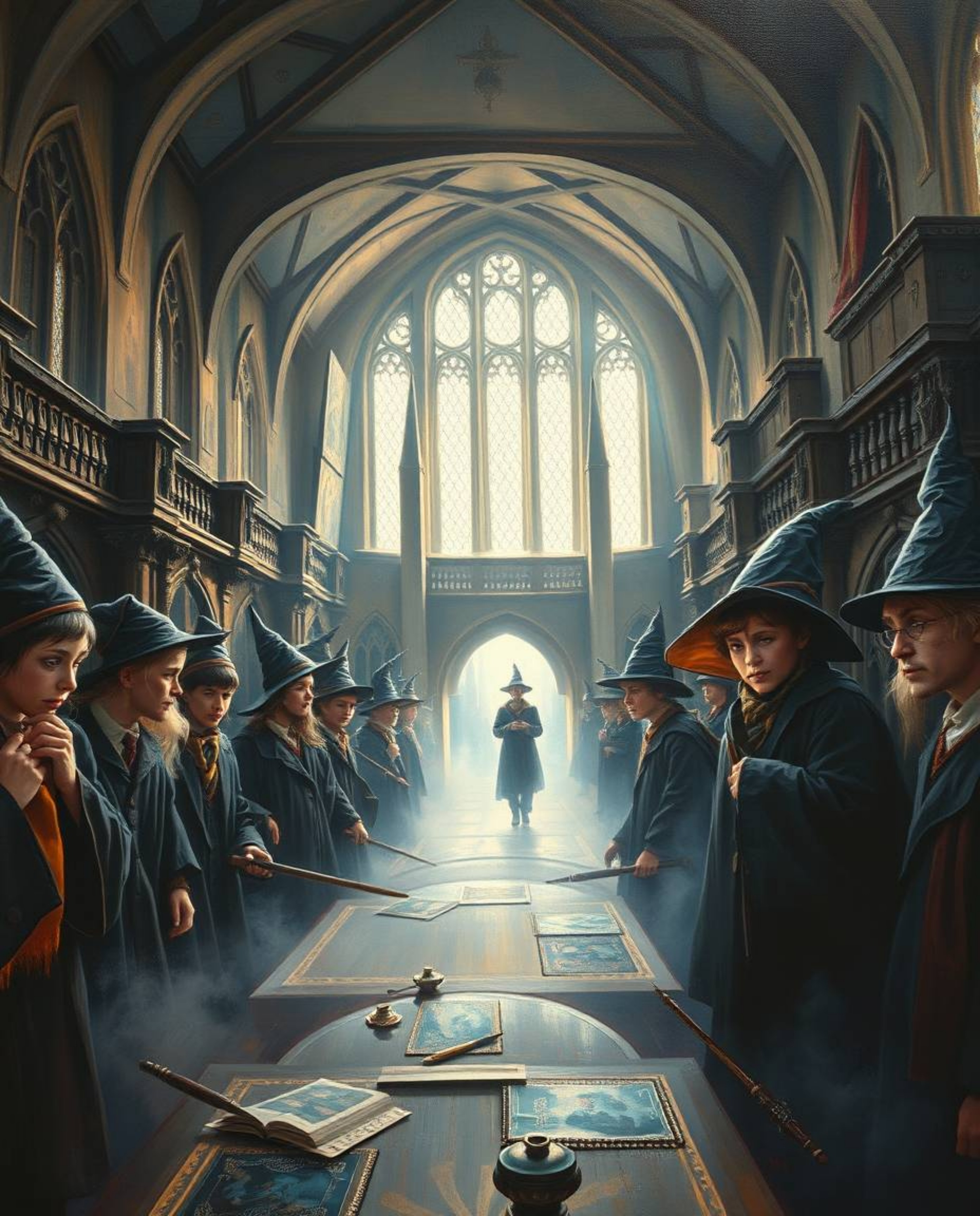 A breathtaking oil painting showcases a magical school brimming with young wizards.  Rendered in an epic scale, the artwork f